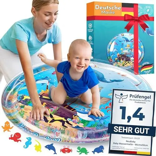 Produktbild: NouBaby® Wassermatte Baby BPA Frei XXL I Babymatte und Spielzeug ab 3, 6 und 9 Monate I Wasserspielmatte Baby, Aqua Matte Baby als Baby Wassermatte, Bauchlage Spielzeug Baby und Baby Matte Wasser