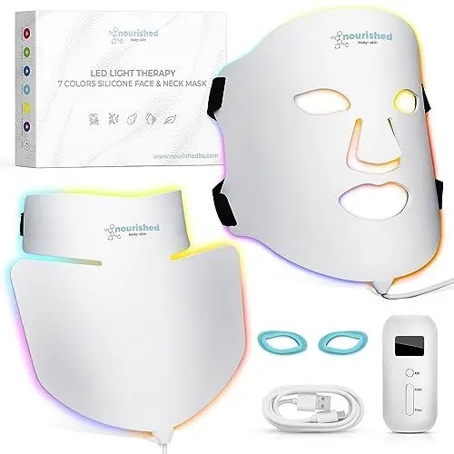 Produktbild: Nourished Bodynskin LED Lichttherapie Gesichts- & Halsmaske - Gesichtspflegegerät - 7 Farben Rot & Blau - Verjüngung, Anti-Aging-Produkt gegen Falten