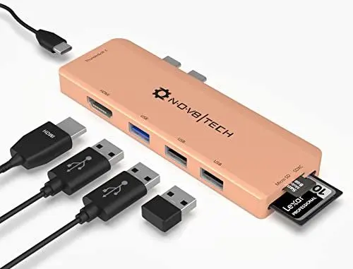 Produktbild: NOV8Tech On The Go Hub Adapter Kompatibel Für MacBook Air M1 2018-2022 / MacBook Pro M1 2016-2022, 7 in 2 USB C Auf HDMI USB 2&3 100W Thunderbolt Ladegerät MicroSD Kartenleser/SDCard Lesegerät - Gold