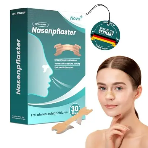 Produktbild: Nova+ Nasenpflaster Schnarchen – 30 Premium Nasenpflaster besser Atmen im Schlaf und bei verstopfter Nase durch Erkältung oder Allergien | Extra starker Halt für Sport und Workouts | Größe L (66x19mm)