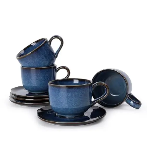 Produktbild: NOVAJOY Keramik Cappuccino Tassen Set - Handgefertigt aus dickwandigem Steingut - Kaffeetassen Set mit Untertasse - Edle Espressotassen Set (Blau, 110ml)