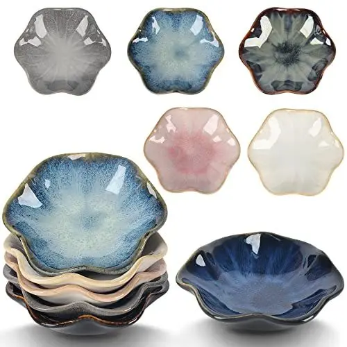 Produktbild: NOVAJOY Keramik Dipschalen x 6, Saucenschalen für Sushi, Dipschalen Blume Form, Gewürzschale, Saucenschälchen, Snack Schälchen, Für Vorspeisen, Ketchup, Sojabohnen, Sojasauce, Essig