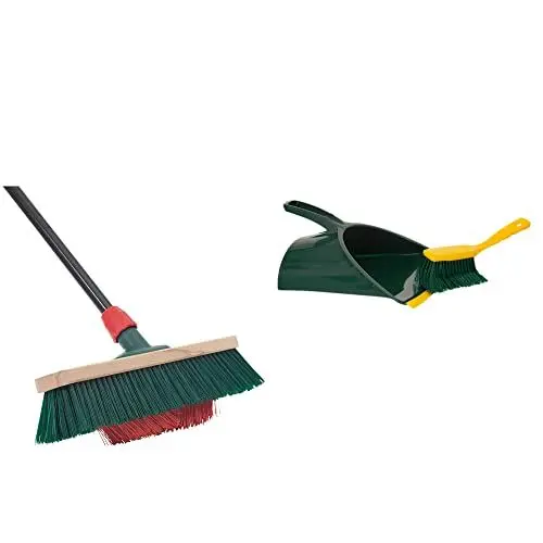Produktbild: Novaliv 1x Besen mit V-Beborstung Set 40 cm Elaston grün/rot | Besen mit Teleskopstiel | Kehrgarnitur Jumbo | Kehrblech Kehrschaufel Handfeger Straßenbesen Gartenbesen Garden Broom Strassenbesen