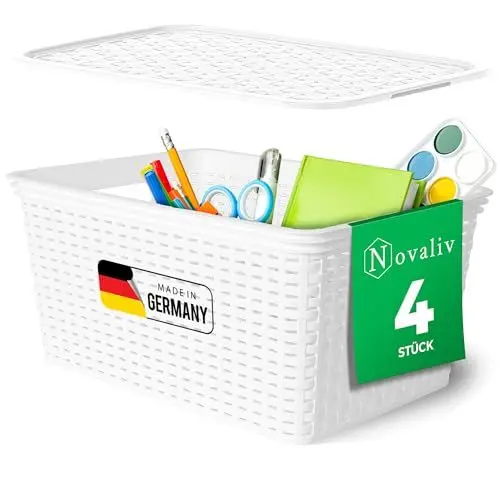 Produktbild: Novaliv 4er Set Elegante Aufbewahrungskörbe mit Deckel in Rattan-Optik | Weiß Lebensmittelecht Kunststoff 14L ? für Büro und Zuhause. Vielseitige Kisten zur Aufbewahrung. Ideale Aufbewahrungsbox