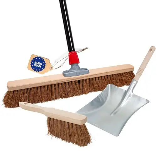 Produktbild: Novaliv Besen 60 cm mit Stiel Kokosbesen Haarmischung inkl. Kehrgarnitur verzinkt bestehend aus Kehrblech und Handfeger Besen Naturborsten Ideal als Werkstattbesen Hallenbesen Hausbesen mit Stiel