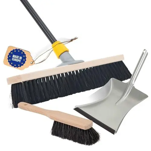 Produktbild: Novaliv Großer Besen Saalbesen 80 cm mit Stiel Borsten Haarmischung inkl. Kehrgarnitur verzinkt mit Gummilippe bestehend aus Kehrblech und Handfeger Besen fein Werkstattbesen Industriebesen mit Stiel