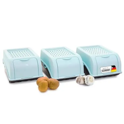 Produktbild: Novaliv Kartoffel Aufbewahrungsbox | 3x klein 3,5L | TÜRKIS | Zwiebelbox | Gemüsebox stapelbar Kartoffelbox Zwiebel Aufbewahrung Kartoffelkorb Obstbehälter Kartoffelkiste Frischhaltedose Möhren