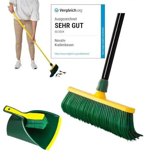 Produktbild: Novaliv Premium Krallenbesen mit Stiel 40cm inkl. Jumbo Kehrgarnitur, Spezialbesen gebogenen Borsten Kunststoffkopf -Ideal als Gartenbesen, Kratzbesen, Kunstrasen Besen, Optimal für Camping