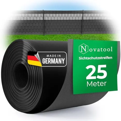 Produktbild: Novatool 25m Rolle PP Premium Sichtschutzstreifen für Doppelstabmatten ANTHRAZIT RAL 7016-19 cm für 10 Reihen Stabmattenzaun Sichtschutzstreifen GRAU mit Rillen Zaunelemente Sichtschutz Qualität