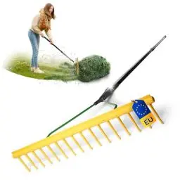 Produktbild: Novatool 2er Set Gartenrechen mit Abziehkante, 16 Zinken und Teleskop-Stiel bis 152cm, Arbeitsbreite 64,5 cm, Rechen aus Kunststoff und Metall, Laubsammler für Garten, Laubrechen, Rasenrechen, Gelb