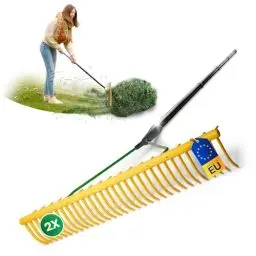 Produktbild: Novatool Gartenrechen mit Grasfang-Vorrichtung, 32 Zinken und 4tlg Steck- & Schraubstiel, Arbeitsbreite 64,5 cm, Rechen aus Kunststoff und Metall, Laubsammler, Laubrechen, Rasenrechen, Gelb