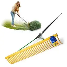 Produktbild: Novatool Gartenrechen mit Grasfang-Vorrichtung, 32 Zinken und Teleskop-Stiel bis 152cm, Arbeitsbreite 64,5 cm, Rechen aus Kunststoff und Metall, Laubsammler, Laubrechen, Rasenrechen, Gelb