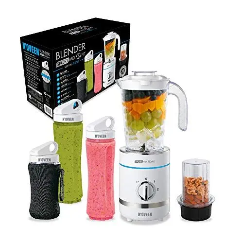 Produktbild: N'OVEEN Fitness Mixer Smoothie Maker, Standmixer, 500 Watt Multifunktions Sport Mixer – vitaminreiche und leckere Snacks für Sportler, 6-armige Klinge, 3 BPA-freie, 2x 600 ml & 300 ml (Weiß)