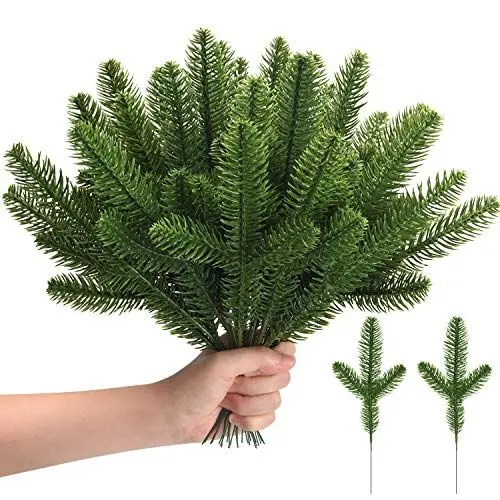 Produktbild: Noverlife 50PCS künstliche Weihnachten Kiefer Zweige, Lange Faux Kiefer Nadeln Weihnachten Greenery Stämme, gefälschte immergrüne Kiefer Spray Picks für Weihnachten Urlaub Girlande Kranz Vase Dekor