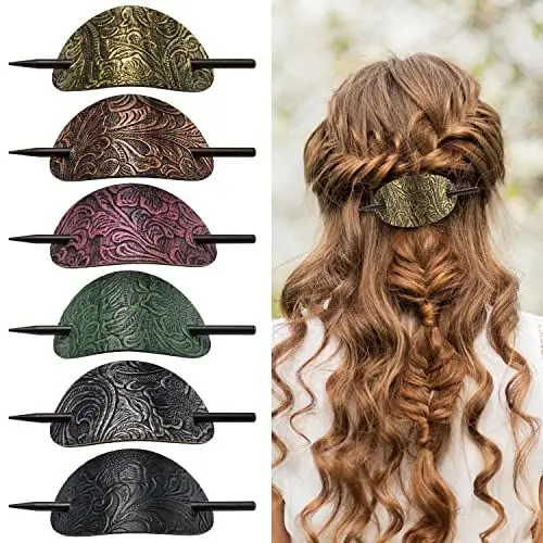Produktbild: Noverlife 6 STÜCKE Haarspange mit Stab, Kunstleder, ovale Form, Haarspangen, Haarschieber, Pferdeschwanzhalter, Haarschmuck im böhmischen Stil, Haarspange mit Holzschiebestab für Frauen und Mädchen
