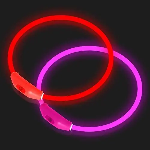 Produktbild: Novkin 2-Pack LED-Hundehalsbänder, leuchtende Hundehalsbänder, wiederaufladbare Hundelichter, Wiederverwendbare Sicherheitshalskette für kleine, mittelgroße und große Hunde, Rot und Pink