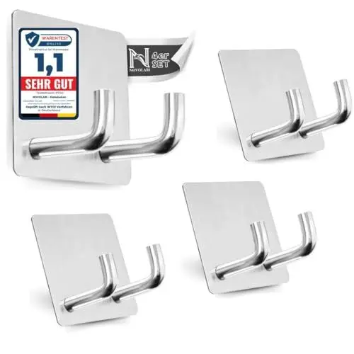 Produktbild: NOVOLARI Premium Doppel Klebehaken extrastark 4er Set chrome Edelstahl für Bad Küche Garage Abstellkammer Handtuchhalter ohne Bohren Badezimmer Organizer Garderobenhaken Werkzeughalter Gerätehalter