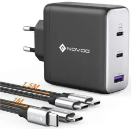 Produktbild: NOVOO 120W USB C Ladegerät GaN Ⅲ 3-Port USB C Netzteil Schnellladegerät mit 1 PD 100W Typ-C-Kabeln Wandladegerät für MacBook Pro 14'',Dell XPS 13,iPad Pro,iPhone 15,Galaxy S23,Note20,Apple Watch