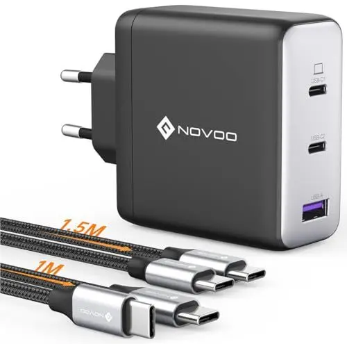 Produktbild: NOVOO 120W USB C Ladegerät GaN Ⅲ 3-Port USB C Netzteil Schnellladegerät mit 1 PD 100W Typ-C-Kabeln Wandladegerät für MacBook Pro 14'',Dell XPS 13,iPad Pro,iPhone 15,Galaxy S23,Note20,Apple Watch