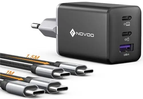 Produktbild: NOVOO 67W USB C Ladegerät 3-Port GaN Ⅲ USB C Netzteil Schnellladegerät mit 1 PD 100W Typ-C-Kabeln Wandladegerät für MacBook Pro 14'',Dell XPS 13,iPad Pro,iPhone 16,Galaxy S24/S23,Note20,Apple Watch