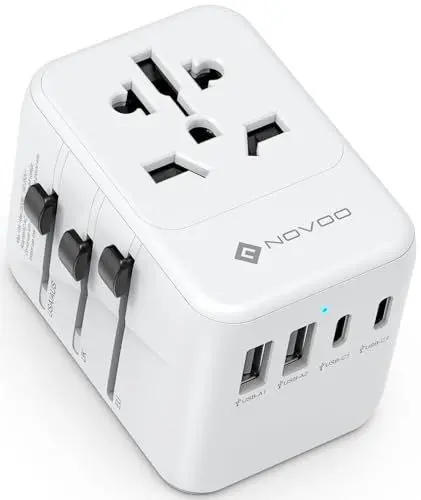 Produktbild: NOVOO Reiseadapter Weltweit 5 Ports Steckdosenadapter 21W mit 2 USB,2 USB C und 1AC Steckdose Internationaler Reisestecker Universaladapter Travel Adapter für Deutschland USA EU England Thailand usw