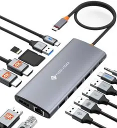 Produktbild: NOVOO USB C Docking Station 14-in-1 USB C Hub Triple Display mit 2 HDMI 4K@60Hz,DisplayPort 4K@120Hz,5USB-A+1USB-C Datenübertragung Gigabit Ethernet,100W PD,SD/TF,Audio für MacBook Dell HP(40cm Kabel)