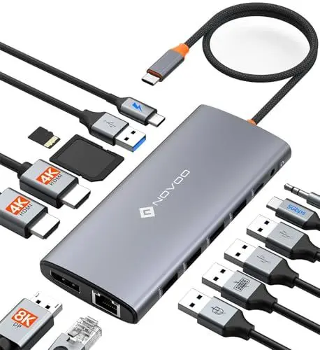 Produktbild: NOVOO USB C Docking Station 14-in-1 USB C Hub Triple Display mit 2 HDMI 4K@60Hz,DisplayPort 4K@120Hz,5USB-A+1USB-C Datenübertragung Gigabit Ethernet,100W PD,SD/TF,Audio für MacBook Dell HP(40cm Kabel)