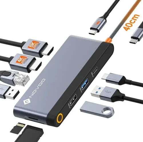 Produktbild: NOVOO Docking Station Dual HDMI USB C Hub 2 HDMI 8K@30Hz/4K@60Hz, Gigabit Ethernet, 4X USB C/USB A Ports, PD 100W Schnellladen, SD/TF Kartenleser für MacBook Dell Surface HP(40cm Kabel)