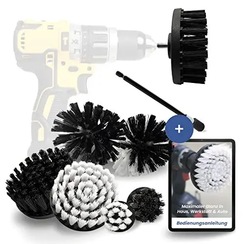 Produktbild: Novuj- Bürstenaufsatz Akkuschrauber für Autofelgen, Fliesen & Polster - 3 weiche & 3 (EXTRA Harte) Reinigungsbürsten - effektiver Bürstenaufsatz Bohrmaschine im 6er Set - inkl. E-Book Anleitung