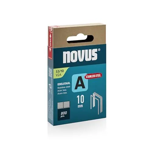 Produktbild: NOVUS TOOLS Feindrahtklammern 10 mm aus Edelstahl, 800 Tacker-Klammern vom Typ 53/10, für dauerhaften Außeneinsatz, Schiebeschachtel, Heftmittel für Stoffe, Gewebe und Maschendraht