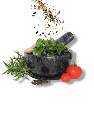 Produktbild: NOXO Marmor Mörser mit Stößel, Filzuntersetzer & Bambuslöffel (Ø 12cm, schwarz) - für Kräuter, Pfeffer, Pesto, Tabletten, Limetten, Knoblauch uvm. - Pestle and Mortar