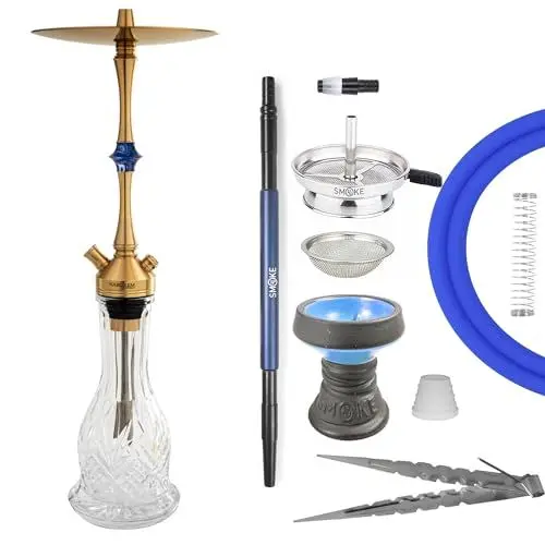 Produktbild: NPS Nargilem Premium Shisha Tradi | Hochwertig & Qualitativ aus Messing & Edelstahl | Traditionelle Wasserpfeife mit Kristallglas | Zeitloses Design (Blau mit Zubehör)