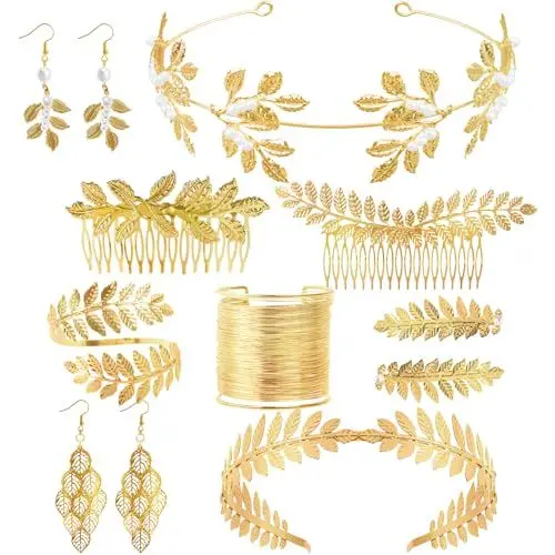 Produktbild: Nswayy 10 Stück Griechische Göttin Kostüm Schmuck Set Hochzeit Brautschmuck Oberarmreif Ohrringe Lorbeerkranz Haarspange Armband Goldene Hochzeit Boho Blatt Haar Krone Accessories Mädchen Damen
