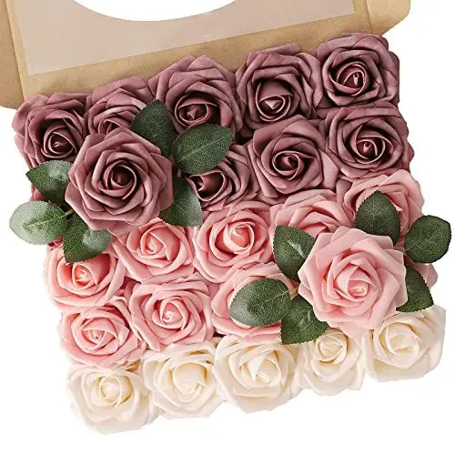 Produktbild: N&T NIETING Künstliche Blumen Rosen, 25 Stück Real Touch Rose Blume mit Stiel für DIY Hochzeitssträuße Brautdusche Tafelaufsätze Blumenarrangements Partytische Heimdekorationen, Gemischtes Rosa