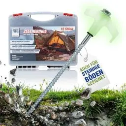 Produktbild: NTG Zelthering mit Gewinde 15 Stück | Adapter für Akkuschrauber | auch für Steinboden | leuchten im dunklen | Rostschutz durch verzinkung | Hering Zeltanker Sturmhering Erdnägel | Set MIT Koffer