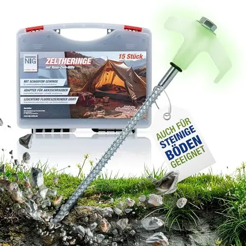 Produktbild: NTG Zelthering mit Gewinde 15 Stück | Adapter für Akkuschrauber | auch für Steinboden | leuchten im dunklen | Rostschutz durch verzinkung | Hering Zeltanker Sturmhering Erdnägel | Set MIT Koffer