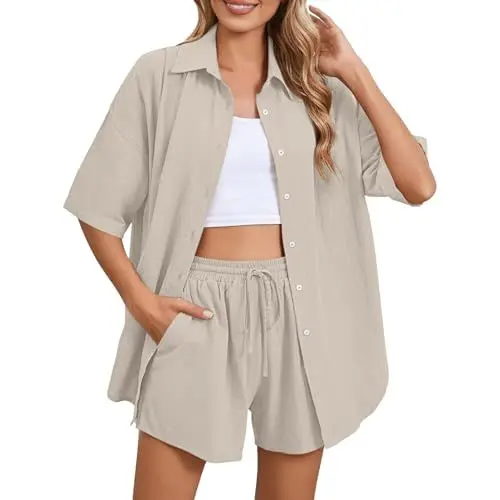 Produktbild: Nuaoxyeu Musselin Set Zweiteiler Damen Sommer Outfits Musselin Bluse Und Shorts Casual Oversize 2 Teiler Kurzarm Elegant Hosenanzug Kleidung Loungewear Lounge Blitzangebote