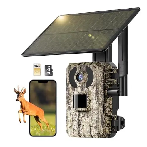 Produktbild: NUASI 4G LTE Wildkamera mit SIM Karte, Wildkamera mit Handyübertragung APP, Wildkamera mit Bewegungsmelder Nachtsicht, 2K Wildkamera 4G Solar mit 32G Karte, IP66 Wasserdicht, PIR Erkennung