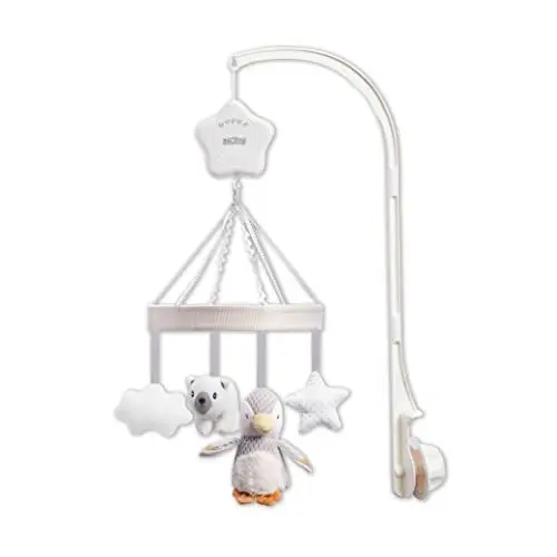 Produktbild: Nuby Kinderbett-Mobile für Babys mit verstellbarem Arm, geeignet für alle Babybetten. Süße Plüschfiguren in Weiß und Grau, einschließlich Pebbles the Pinguin und Pals (1 Stück)