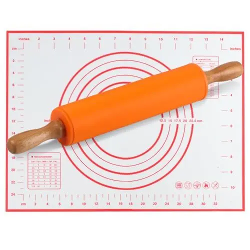 Produktbild: Nudelholz Silikon Teigroller mit Holzgriff, Antihaft Teigrolle, 30.5cm Nudelhölzer zum Backen für Pizza Nudelteig Kuchen Fondant Cookie Gebäck, Backrolle mit Backmatte(30x40cm) (Orange)