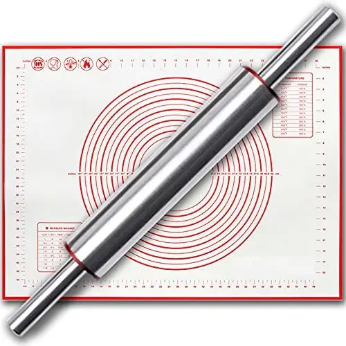 Produktbild: Nudelholz aus Edelstahl mit Backmatte, drehbare Teigrolle, antihaftbeschichtet und wartungsfrei, mit lebensmittelechten Backmatten und Teigrolle für Pizza, Nudeln, Kuchen, Zuckerguss, 43,2 cm – Silber