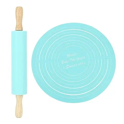 Produktbild: Nudelholz und Gebäck Backmatten Set, 30cm Holz Teigroller, Nudelholz mit 33,5cm Runder Silikon Backmatte für Fondant, Tortenkruste, Keksgebäck (Blau)