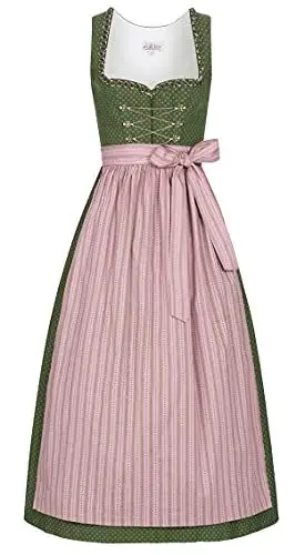 Produktbild: Nübler Dirndl lang Damen THEA - 2-teiliges Dirndl Kleid mit Langer Schürze im Landhausstil, 90 cm Rocklänge, Herz-Ausschnitt, Blumenmuster in Oliv und Rosa, perfekte Trachtenmode, Größe:48