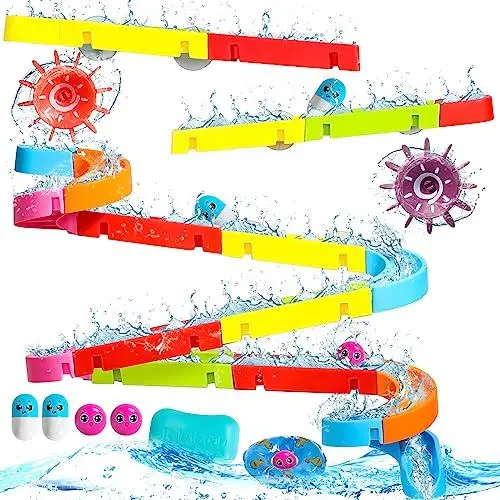 Produktbild: Badespielzeug Badewannenspielzeug Kinder Badewannen Spielzeug ab 3 4 5 Jahre, Murmelbahn Kugelbahn Badewanne Wasserspielzeug Kinder mit Saugnäpfe, Badespaß Geschenk Mädchen Junge (38 Stück)