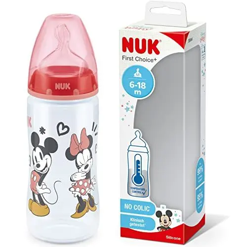 Produktbild: NUK First Choice+ Babyflasche | 6-18 Monate | Temperature Control Anzeige | 300 ml | Anti-Colic-Ventil | BPA-frei | Trinksauger aus Silikon | Disney Mickey und Minnie Maus | rot