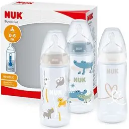Produktbild: NUK First Choice+ Babyflasche im Set | 0–6 Monate | Temperature Control Anzeige | 300 ml | Anti-Colic-Ventil | BPA-frei | Trinksauger aus Silikon | 3 Stück | Safari