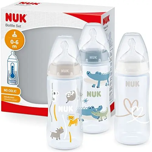 Produktbild: NUK First Choice+ Babyflasche im Set | 0–6 Monate | Temperature Control Anzeige | 300 ml | Anti-Colic-Ventil | BPA-frei | Trinksauger aus Silikon | 3 Stück | Safari