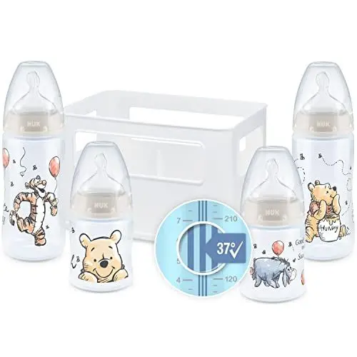 Produktbild: NUK First Choice+ Babyflaschen Starter Set | 0–6 Monate | 4 Flaschen mit Temperature Control & Flaschenbox | Anti-Colic Air System | BPA-frei | Disney Winnie Puuh