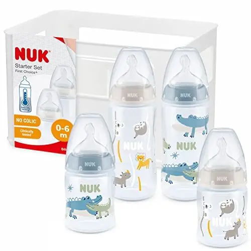 Produktbild: NUK First Choice+ Babyflaschen Starter Set | 0–6 Monate | 4 Flaschen mit Temperature Control & Flaschenbox | Anti-Colic Air System | BPA-frei | 5-teilig | blaues Krokodil