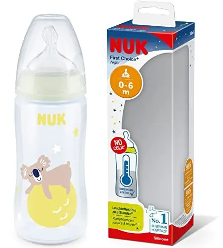 Produktbild: NUK First Choice+ Night Babyflasche | 0–6 Monate | Leuchtet im Dunkeln | Temperature Control | Anti-Colic-Ventil | 300 ml | BPA-frei | Silikon-Trinksauger | Koala